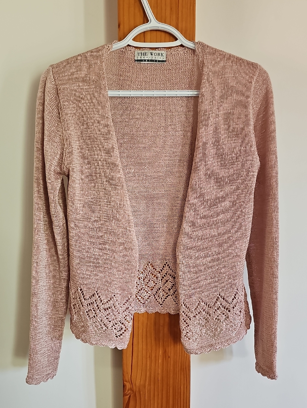 Light Blush Open-Front Knit Cardigan with Scalloped Hem